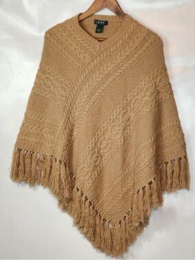 Ralph Lauren Camel Cable-Knit Fringe Poncho